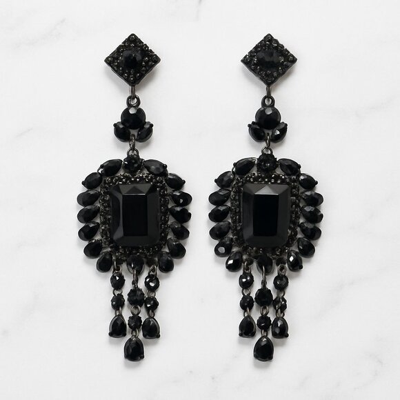 Vintage Eisenberg Ice Black Rhinestone Chandelier Earrings Statement Jewelry - Picture 3 of 3